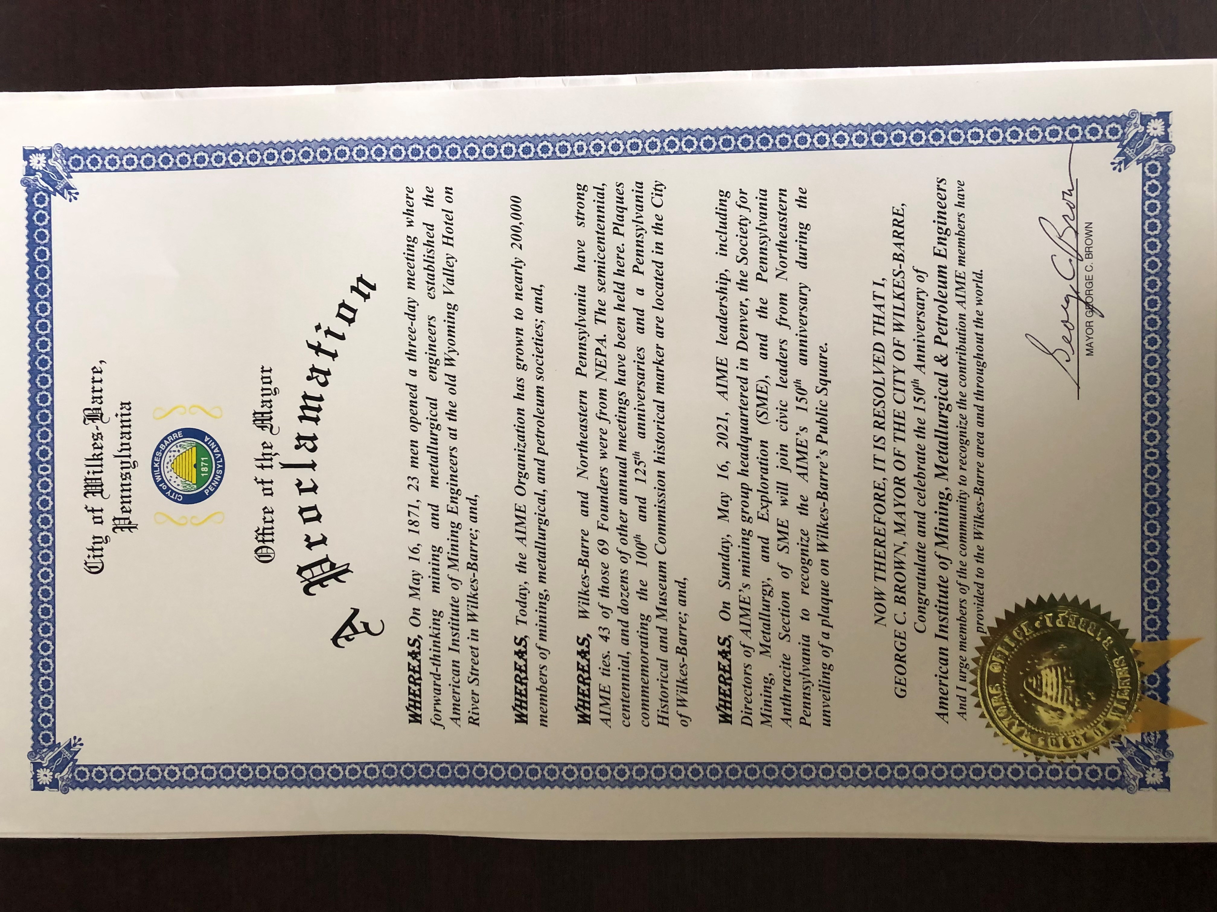 Wilkes-Barre Mayor Proclamation for AIME 150th